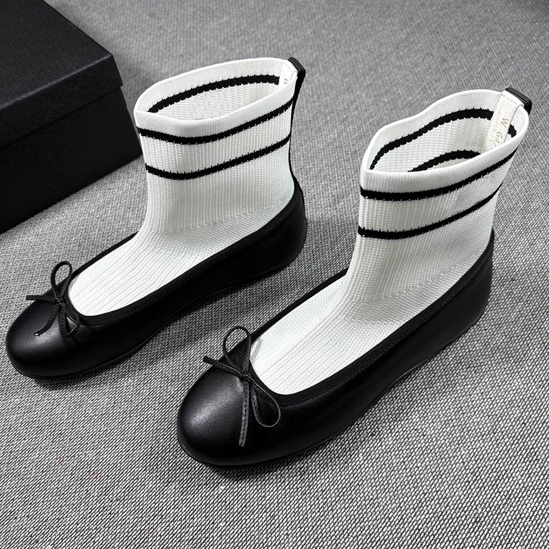 Womens Fsll Winter 2027 Sneakers Ladie Black White Lambskin Knit Mary Jane Shoes Designer Bow Ballet Socks Short Boots Rubber Outsole Size 35 41