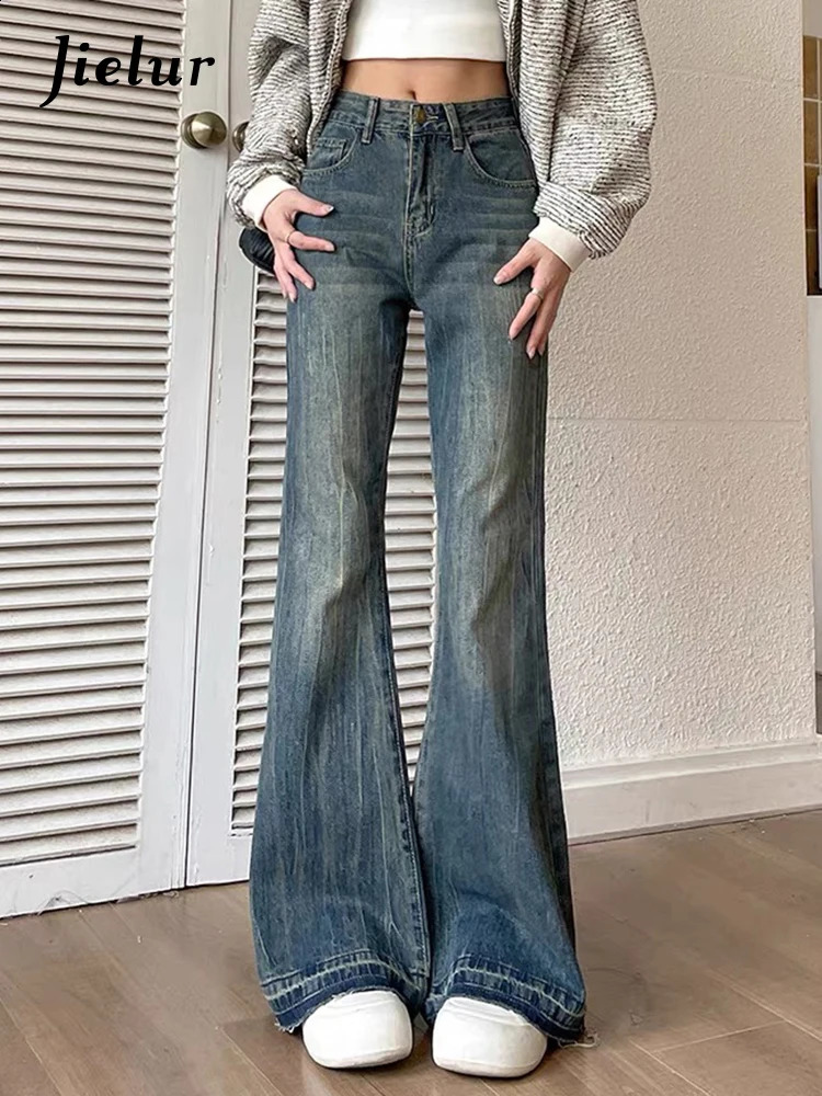 Jielur Fashion Slim Casual Vintage Blue Womens Jeans Winter American Style Chic Office Ladies Pockets Basic Female Flare Pants 260721BJ