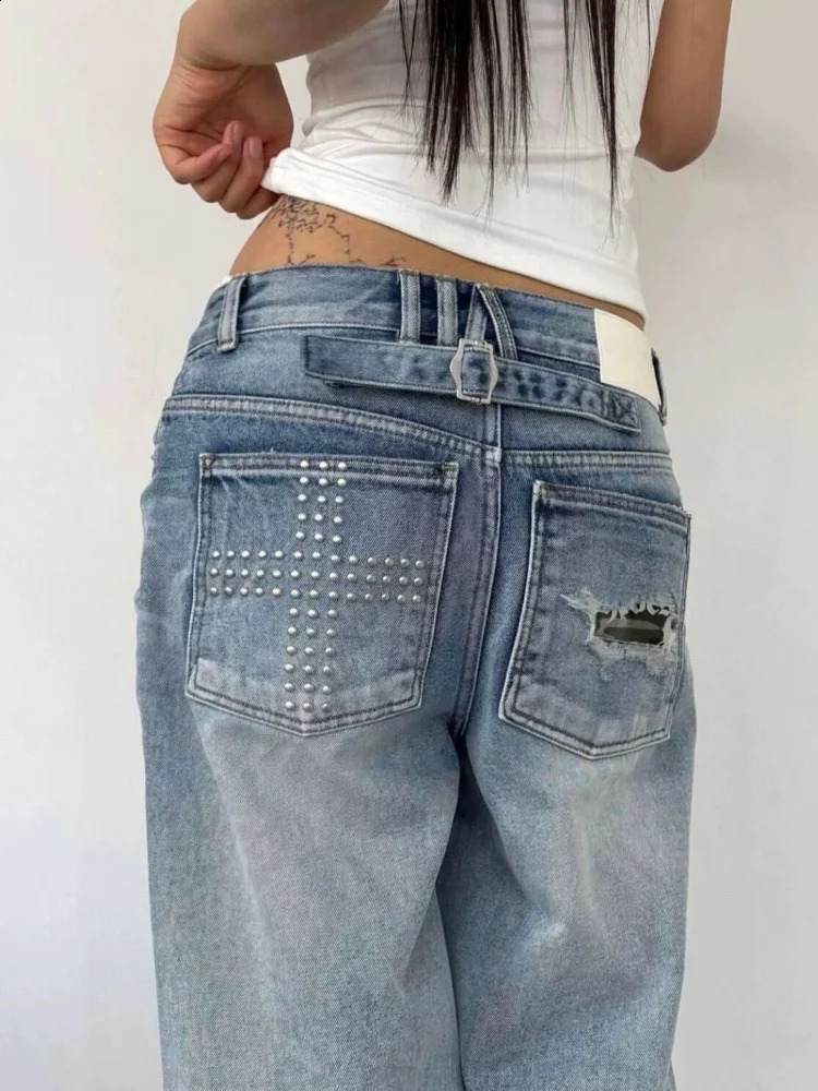 Summer Jeans Women Washed Distressed Rhinestone American Vintage Y2K Street Style Straight Loose Wide Leg Draping Jean Pants 260721BJ