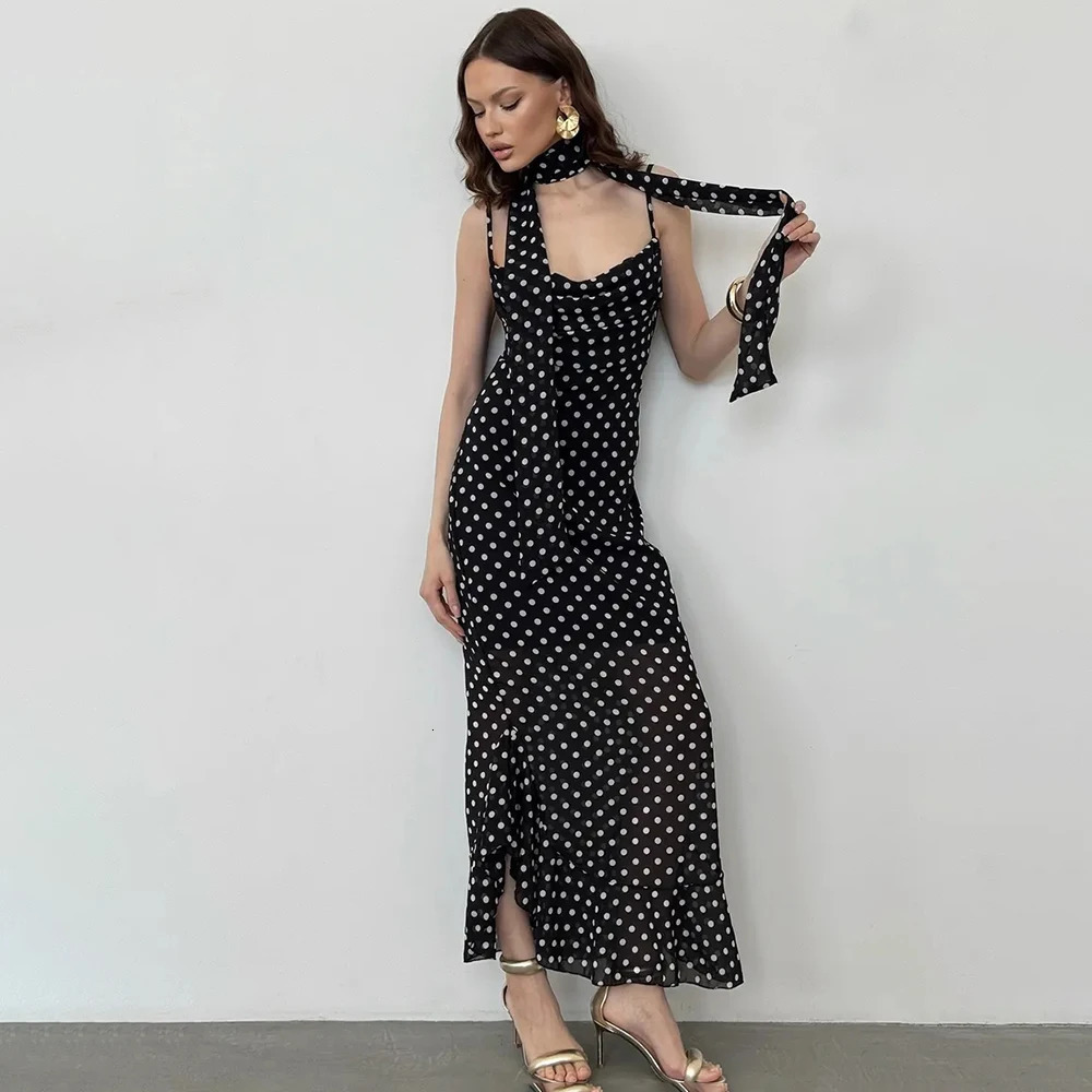 Tuularose Elegant Polka Dot Long Dress Summer Scarf Ribbon Ruffle Halter Pleated Dress y Sleeveless Womens Evening Dresses 260720BJ
