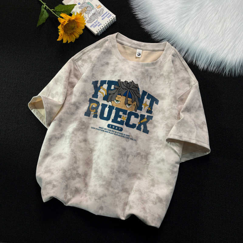 Luxury Brand Designer Clothes Trendy American-Style Fun Cartoon Anime Letter Tie-Dye Short-Sleeve T-Shirt For Men Women Loose And Fashionable Hip-Ho