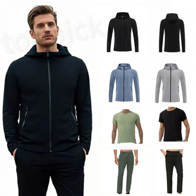Men Jacket Pants Sports Coat Sets Yoga High Quality Sports Casual Fitness Jackets Short Sleeve Breathable Casual T-shirt Straight-Leg Pants Short