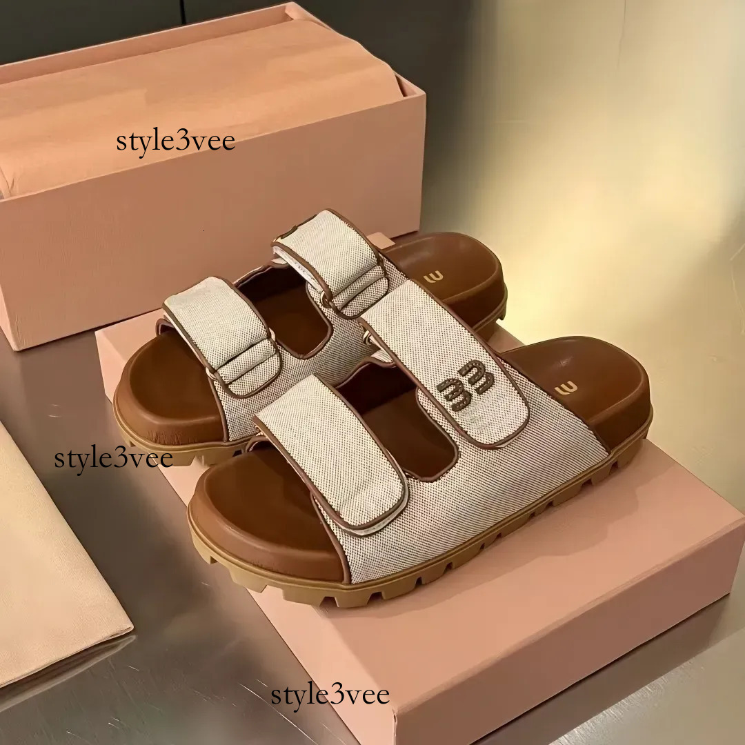 mius Sandals 2026 Designer Summer Women's Fashion Double Buckle Beac Slippers Comfortable High Quality Luxury Sandals casual flat mius Sandals