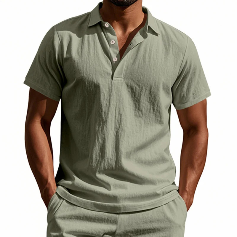 HighQuality Cotton Linen ShortSleeved POLO Shirt Men Casual Loose Comfortable summer tees Button turndown collar tops 260721