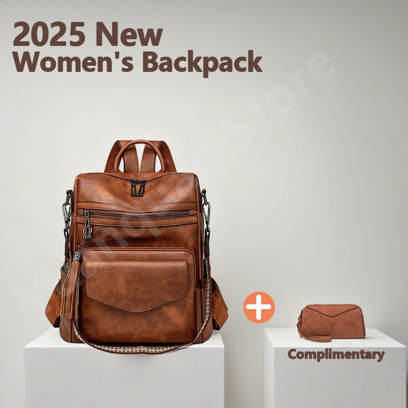 Womens PU Leather Waterproof Anti-Theft Large Retro College Travel Backpack Shoulder Bag with Tassel Detail 260721