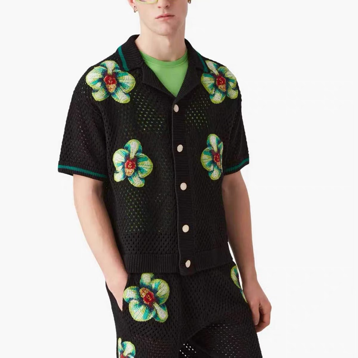 2026 Casabalnc Top Designer Hollow-Out Knit Shirt New Trendy Men's and Women's Fashion Floral Embroidered Casual Loose Button Lapel Kni