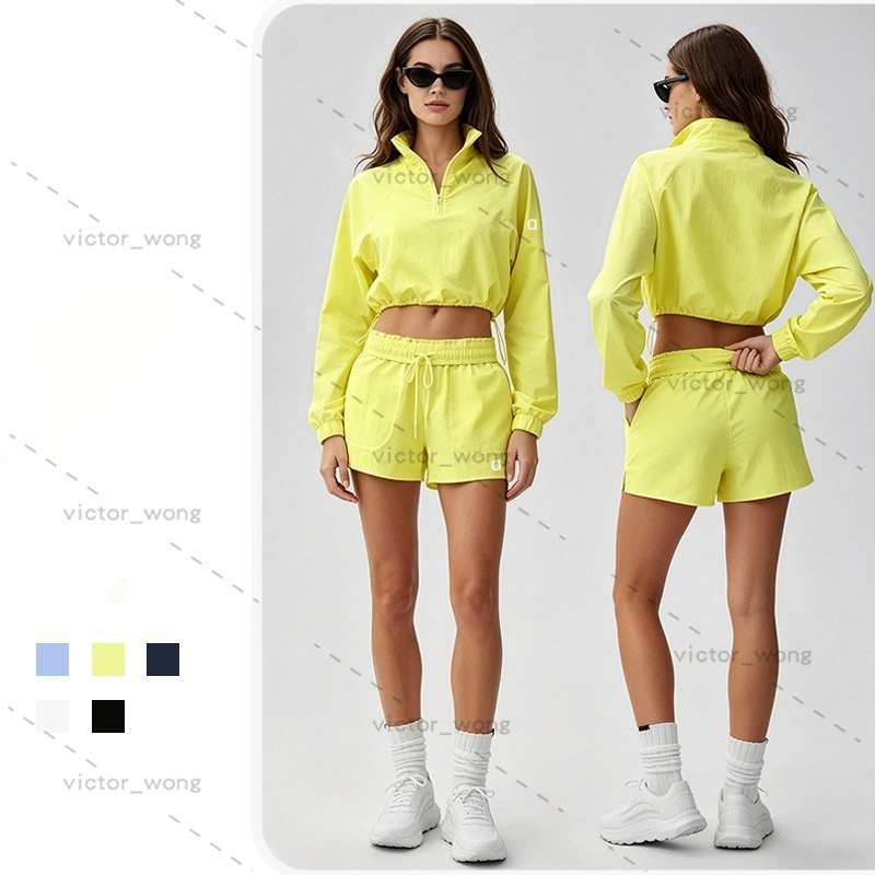 WT763 Women Tennis Suits Shorts Long Sleeve Sun Protection Stand Collar Half Zip Cropped Jacket Drawstring Shorts 2 Piece Windbreaker Matching Yoga