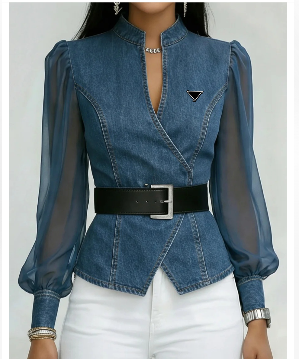 Women's Jackets Women Denim Wrap Blouse Sheer Puff Long Sleeve Stand Collar Slim Waist Shirt With Belt Elegant Office Lady Casual Vintage Jean