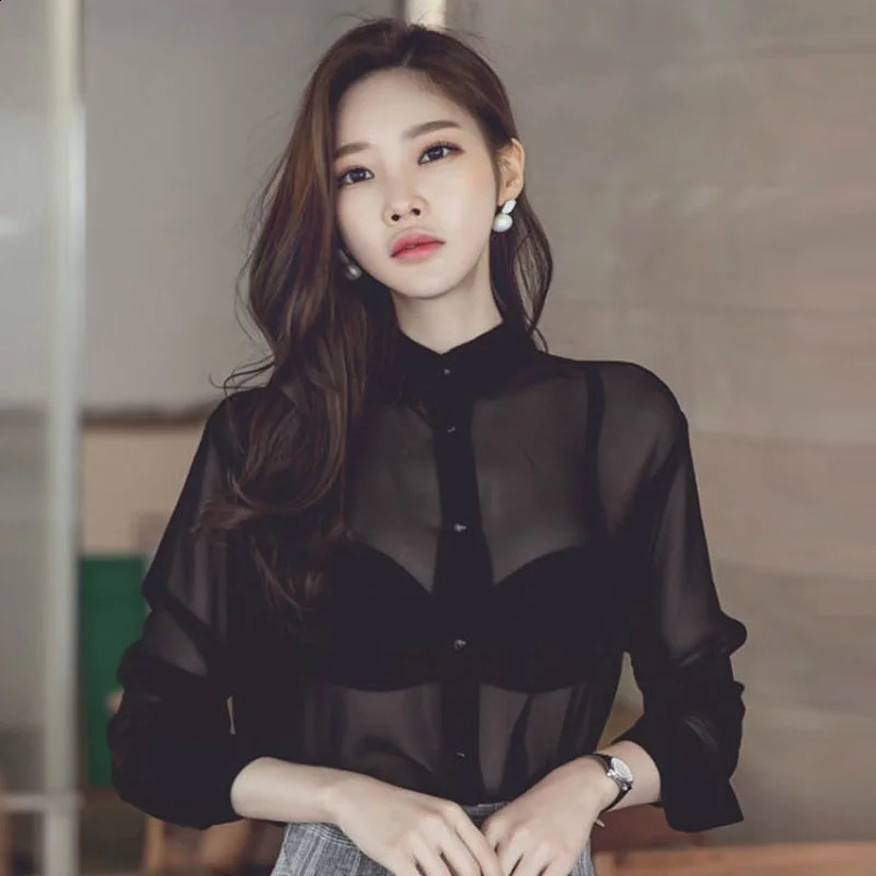 Sexy Seethrough Women Blouse Tops 2026 Spring Summer Thin Single Breasted Black Chiffon Shirts For Ladies Long Sleeve Blusas 260713BANJIA