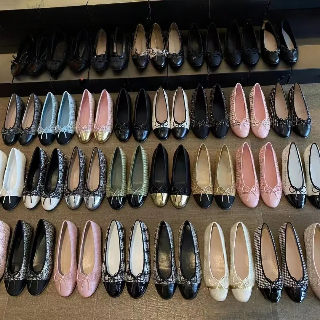 Chaussures habillées de luxe pour femmes, chaussures plates de Ballet, Patchwork Tweed gros-grain en peau de chèvre, cuir verni, nœud papillon, m