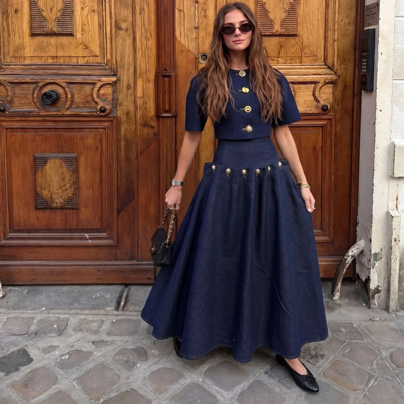 Summer 2026 Womens Fashion Casual Denim Set Skirt with Unique Metal Button Strap Trendy And Stylish 260722
