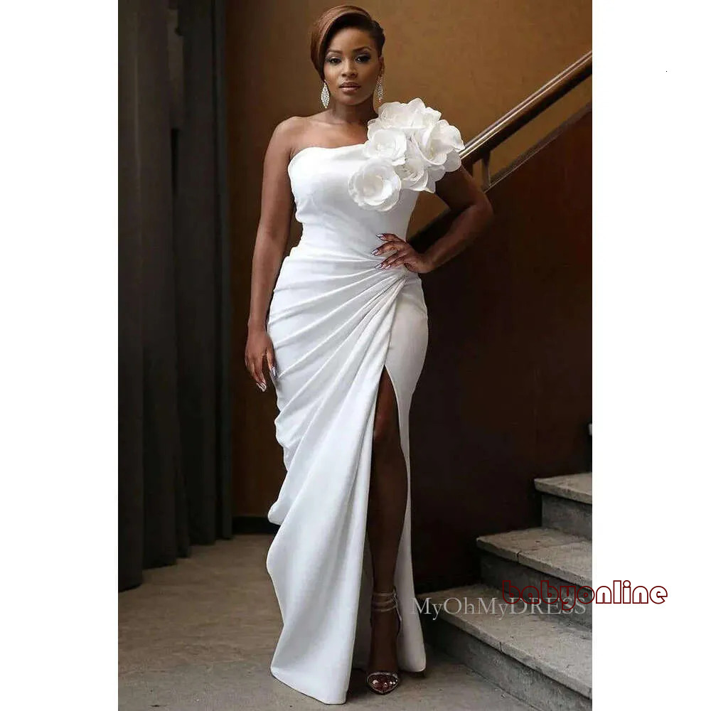 Elegant White One Shoulder Prom Dresses For Black Girls Mermaid Backless With Hight Split Formal Occasion Evening Party Gowns African Bridesmaid Wea
