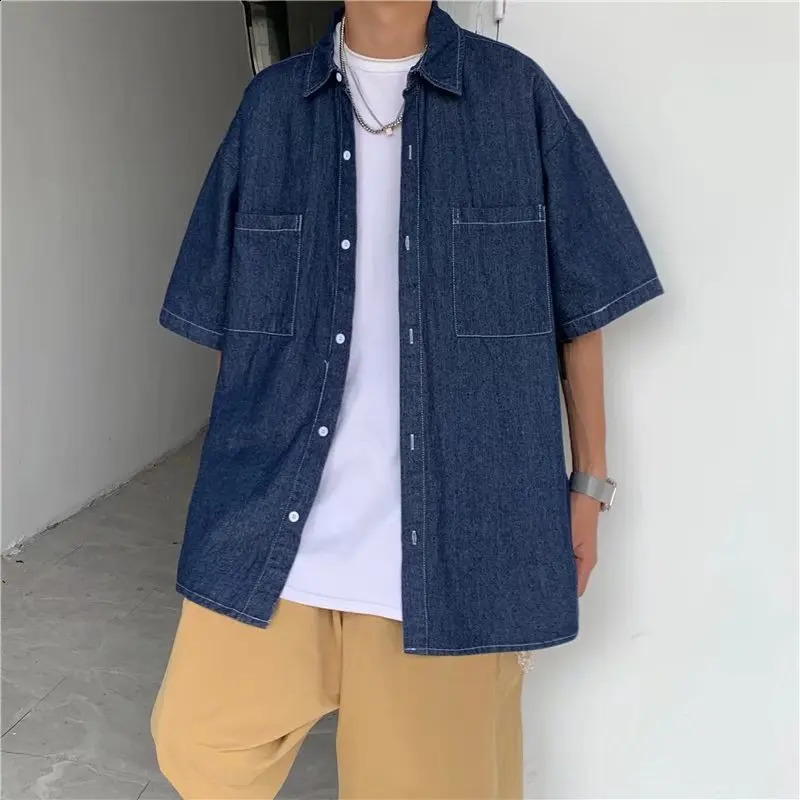 Summer Thin Denim Shirt Mens Short Sleeve Casual Loose Fit Retro Washed Korean Style Trendy Outerwear Cotton Youth Fashion 260713BANJIA