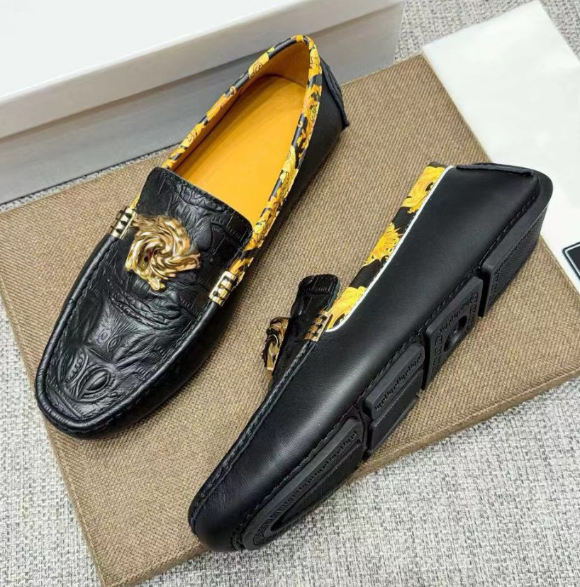 Designer Men Black Embossed Crocodile Leather Yellow Floral Printed Collar Lining 3D Gold Slip On Driver Loafers Luxury Casual Moccasin Shoes