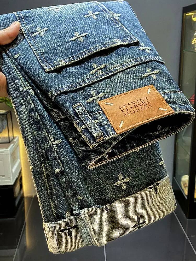 New DesignCasual Pants Jacquard Jeans Men 's Design Sense Autumn And Winter New Retro Straight Loose Wide-leg Pants