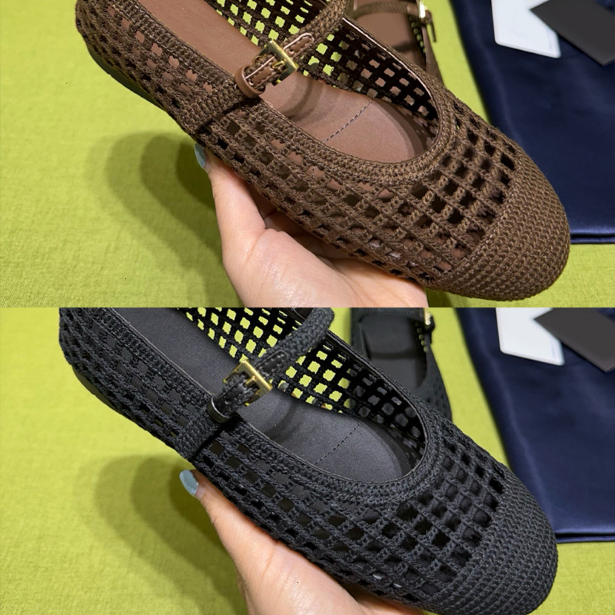 Haute qualité Designer Crochet ballerines femmes chaussures en tricot classique dames évider tissé maille sandales plates bout carré métal Triang