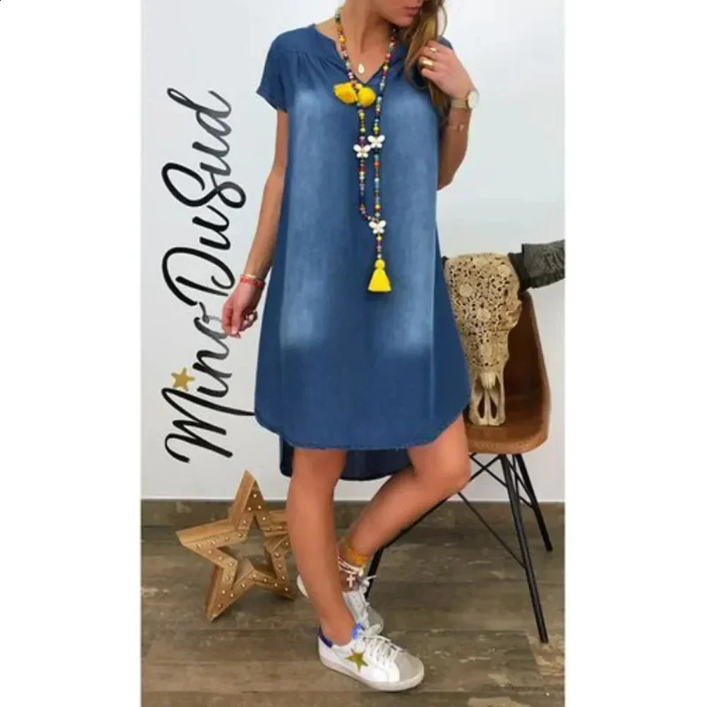 Womens 1XL5XL Plus SizeFashion loose denim dress short sleeved vintage casual womens long 260720banjia