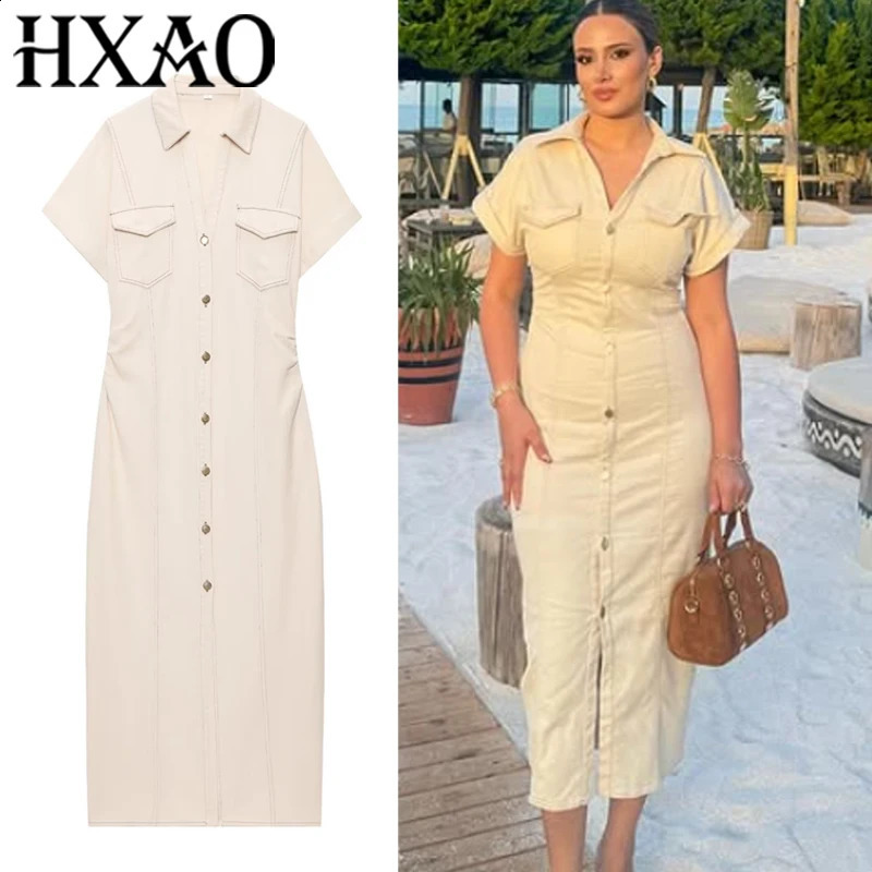HXAO Shirt Womens Dresses 2025 Short Sleeve Denim Long Dress Summer Button Casual For Woman Bodycon Ruched Midi 260720banjia