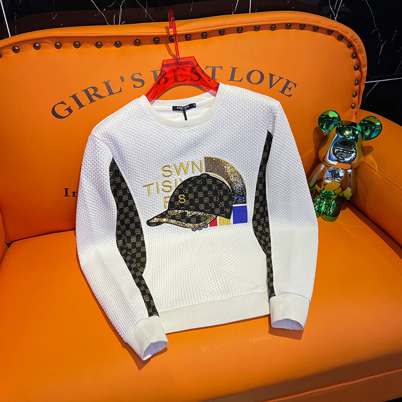 Men's Punk Waffle Knit Sweatshirt, Silk Blend Pullover with Embroidered Graphic Chest Print, White Short-Length Shawl-Collar Sweater for Casual Stre