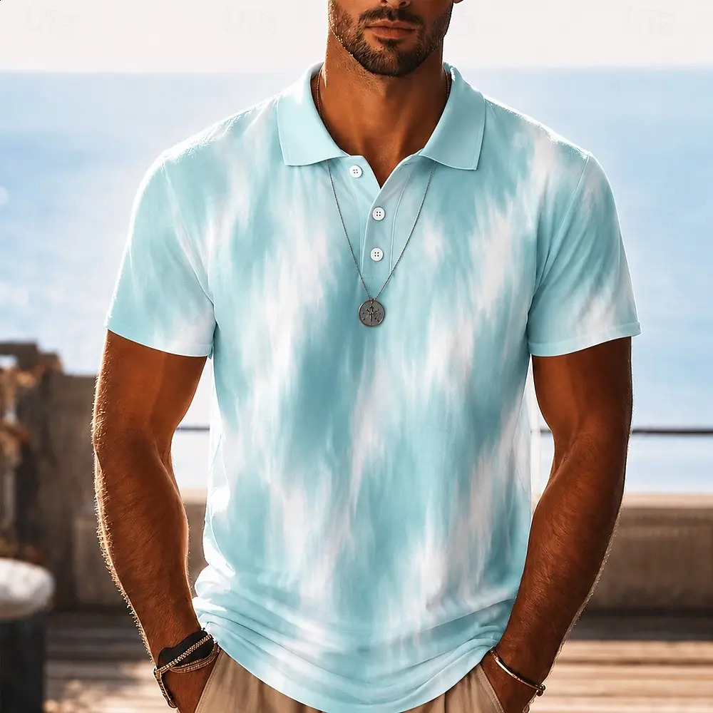 Mens Light Blue Tie Dye Print Polo Shirt Casual Tops for Spring Summer Daily Streetwear Beach Vacation Occasions 260721