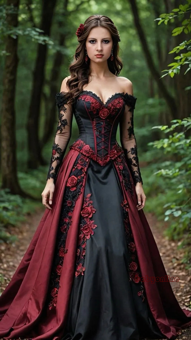 Vintage Dark Red And Black Prom Dress Medieval Vampire Corset Evening Lace Appliques Off Shoulder Long Sleeves Special Occasion Gown For Women 722