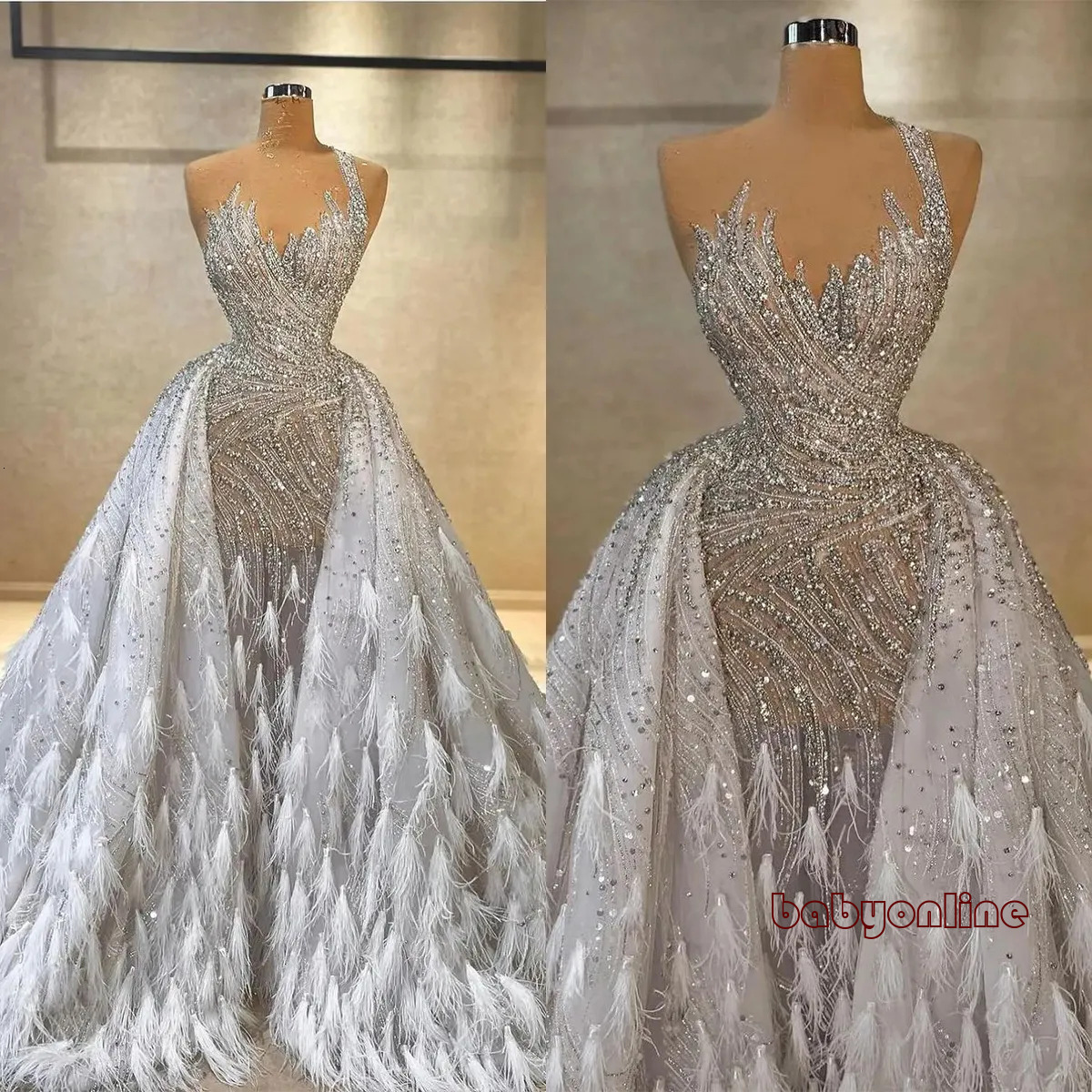 Exquisite Feather Wedding Dress One Shoulder Mermaid Bridal Gowns With Detachable Train Crystal Sequins Bride Dresses Custom Made Plus Size 722