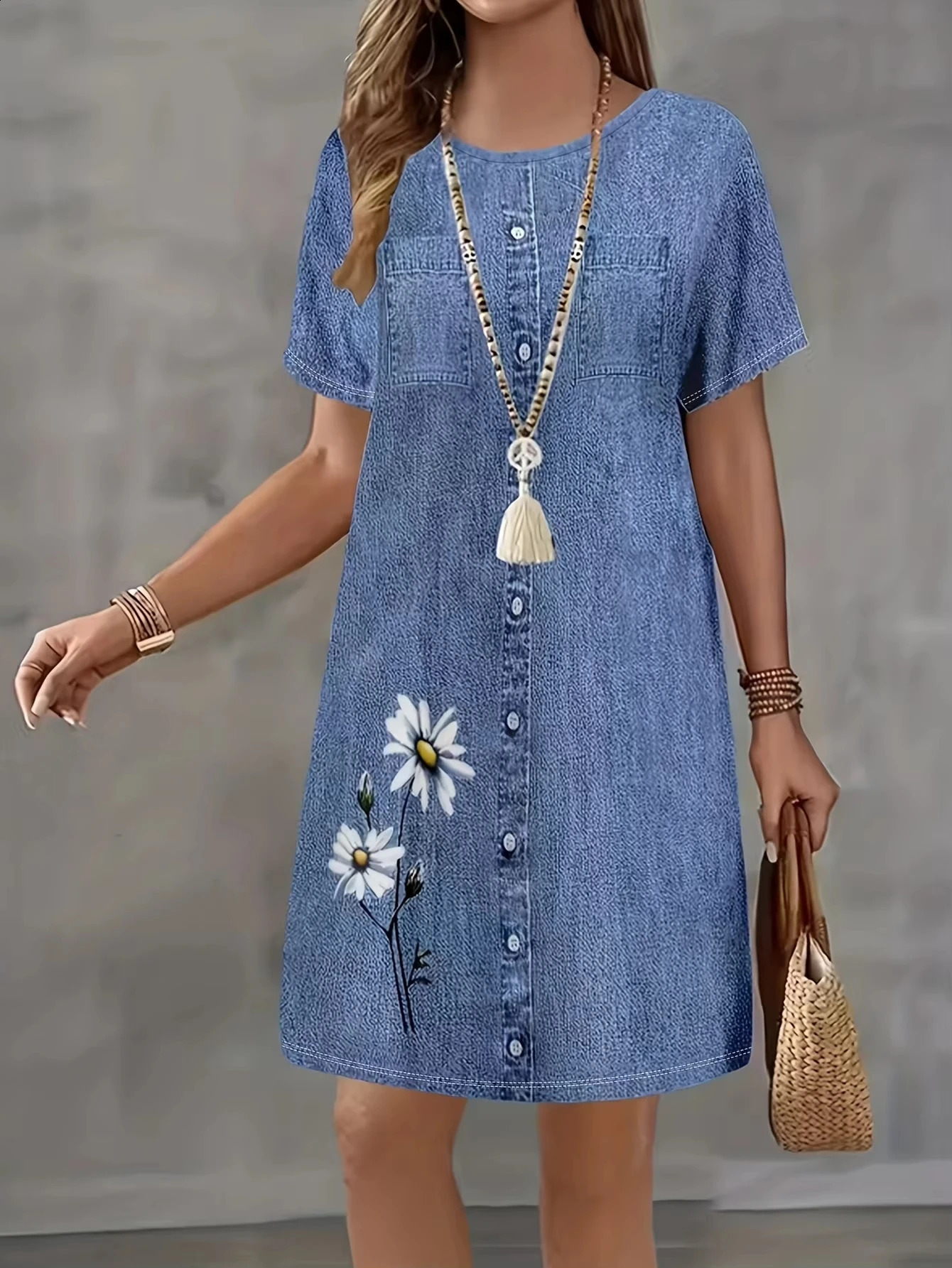 Womens Daisy 3d Print Faux Denim Midi Dress Summer Casual Short Sleeve Button Front A Line Flowy Sundress Beach Vacation 260720banjia