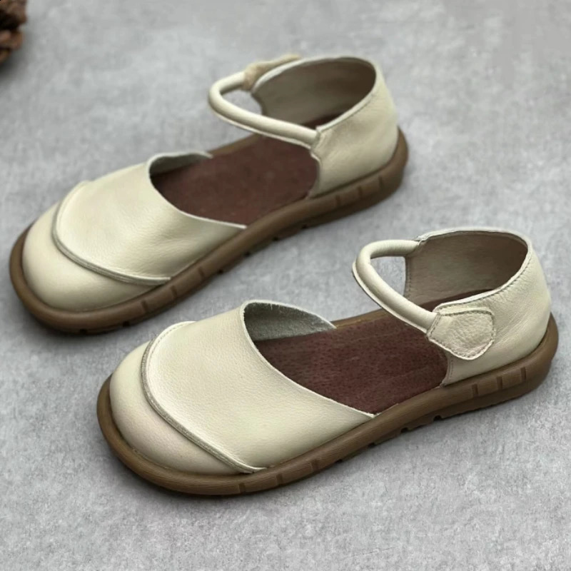 Soft Leather Womens Flat Shoes Retro Handmade Comfortable Summer Genuine Leather Fashion Black Casual Sandals Ladies 260721
