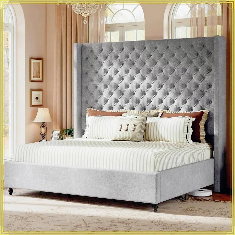 Marco de cama tamaño queen con cabecera de 63 de alto, respaldo tapizado, pliegues hechos a mano, patas de madera maciza, no necesita somier, gris