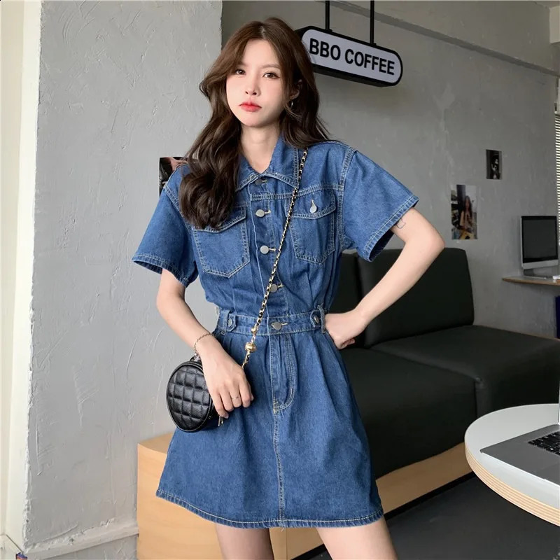 Women Vintage Denim Shirt Dress High Waist Aline Jean Mini for Ladies Retro Y2K Streetwear Dresses Party Outfit 260720banjia