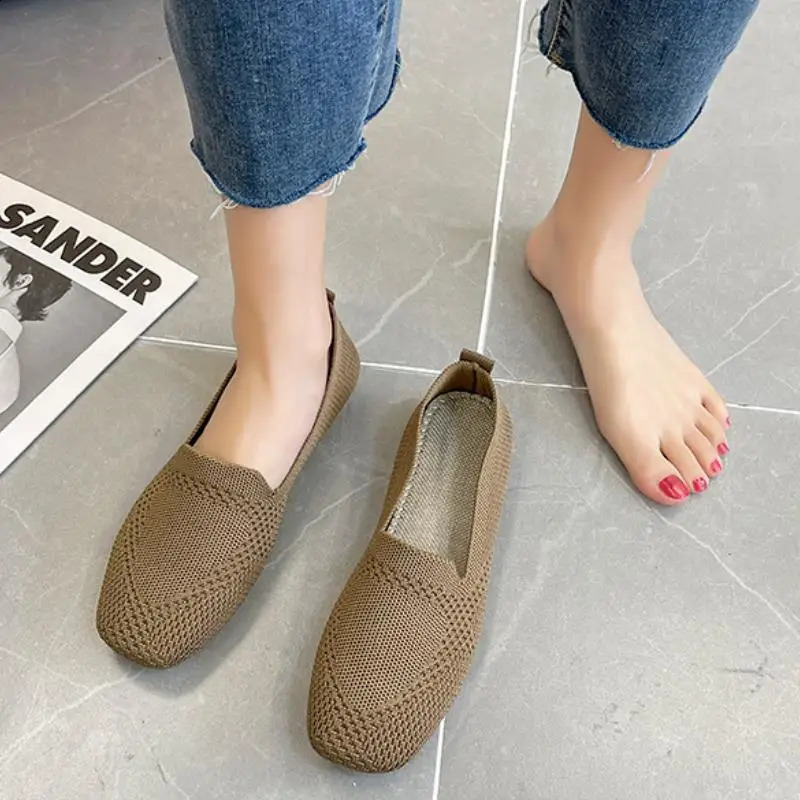 Spring and Autumn Flat Shoes Fashion Leisure Womens Flat Shoes Square Toe Knitting Elastic Comfortable Slip-on Boutique Shoes 260721