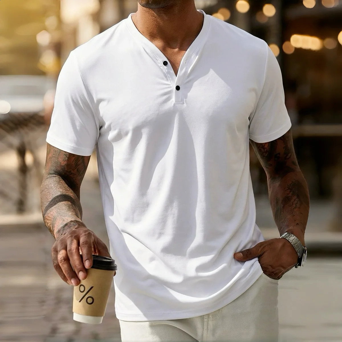 Mens Polo Shirt Solid Color VNeck Henley ShortSleeved TShirt Casual ButtonDown Placket Everyday Commuting Base Layer 260721