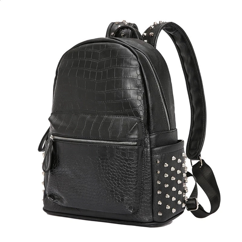 Fashion Rivets Men Backpack Large Capacity Crocodile Pattern Man Laptop Backpack 156 Casual Travel Bag PU Leather Bagpack Black 260721