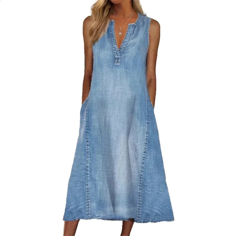 Women Side Double Pocket Deep V Neck Pullover Dress Thin Denim Sleeveless Dresses 2024 Summer Casual Female Office Gown 260720banjia