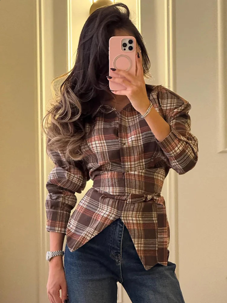 2026 Spring Grid Printed Shirts For Women Chic Back Lace Up Long Sleeve Lapel Blouses Lady Street Chic Single Breasted Tops 260721BJ