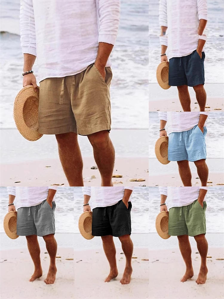 Men's Summer Cross Border Cotton Linen With Drawstring Elastic Waist Breathable Beach Shorts Mid Length Pants Versatile Casual Simple Style