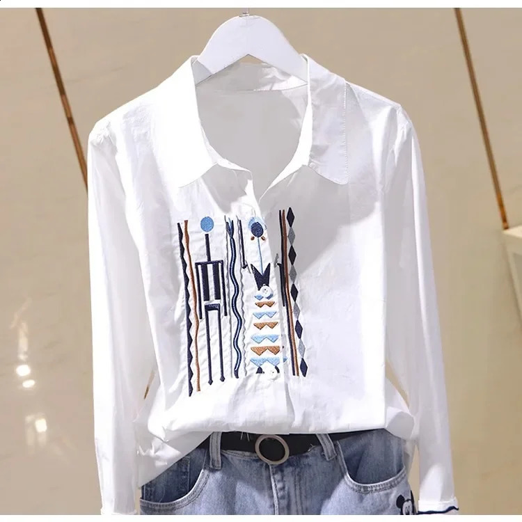 Retro Handmade Embroidery Pure Cotton Long Sleeve Womens Shirt Fashionable Ethnic Style Polo Collar Button up Versatile Top 260721BJ
