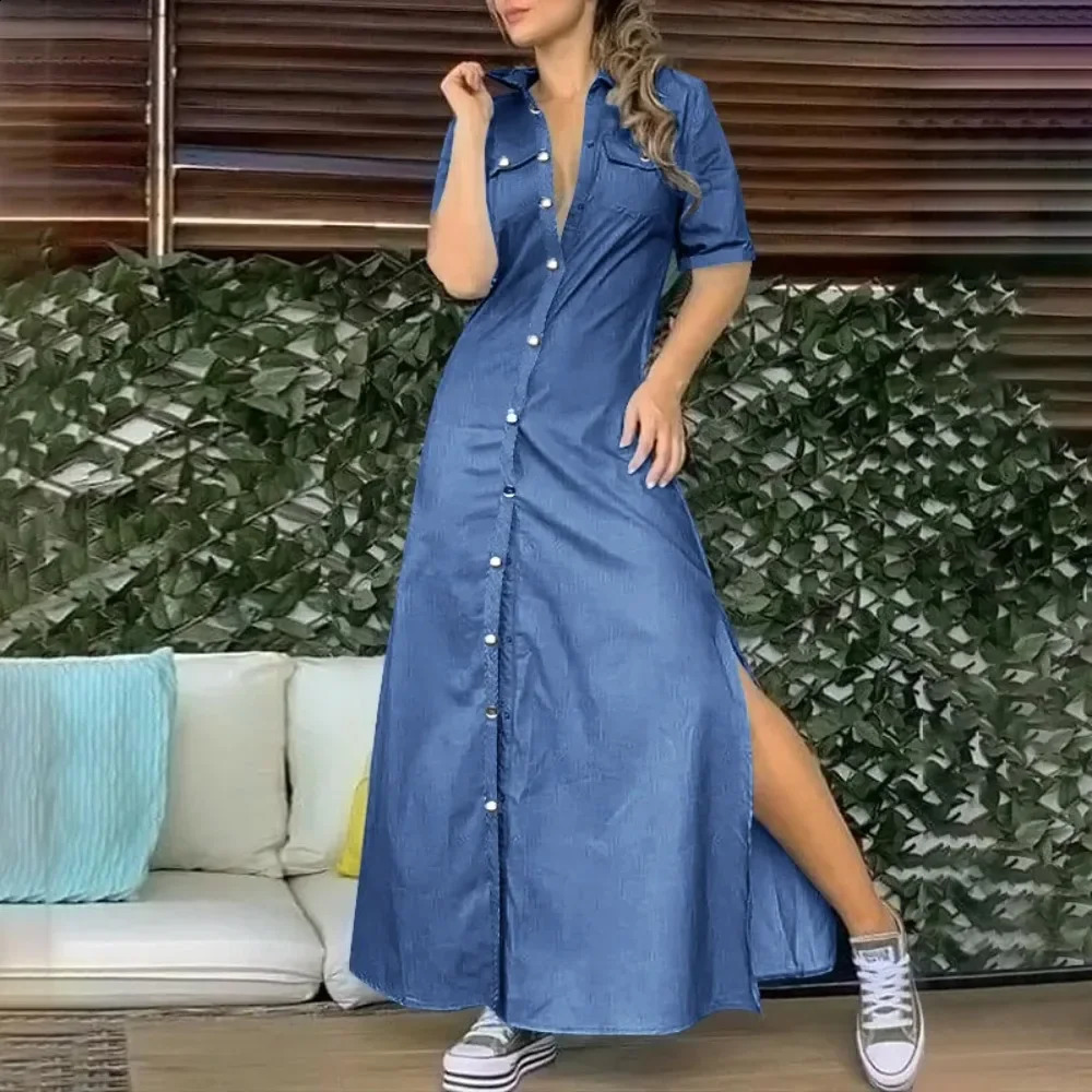 Summer Oversized Womens L5XL Plus Size Lapel Button Denim Dress Solid Color Loose Slit Fashion Casual Pocket 260720banjia
