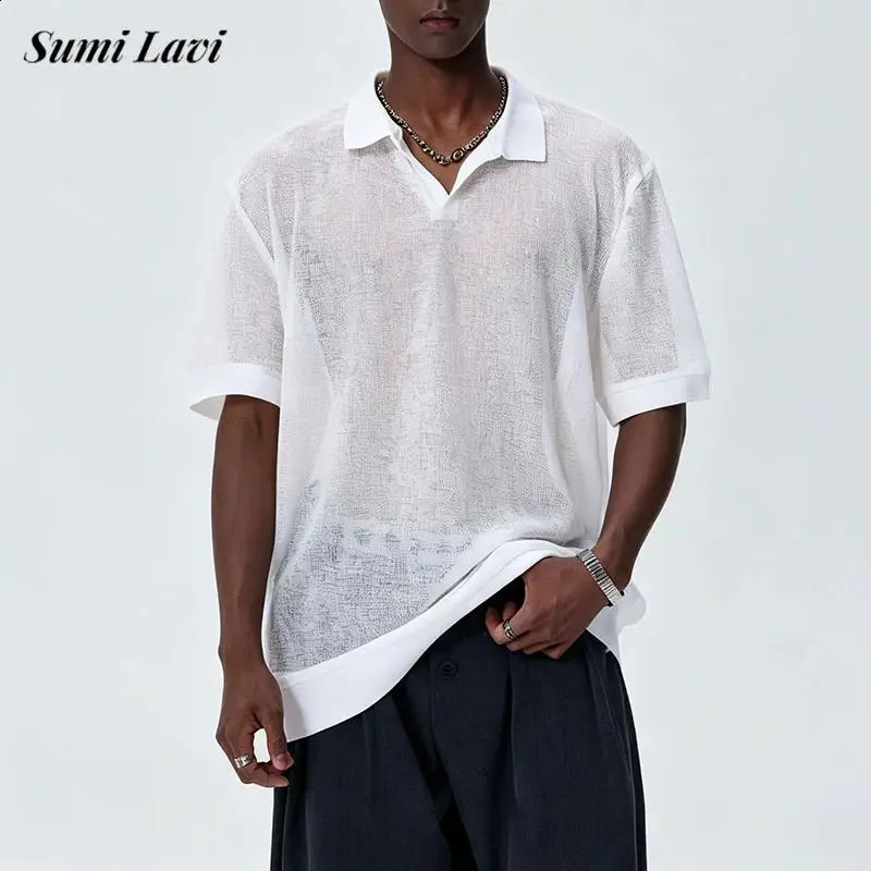 Mens Shirts 2026 Summer Fashion Mesh Polo Daily Leisure Breathable Solid Color Knitting Top Men Casual Lapel Pullover 260721