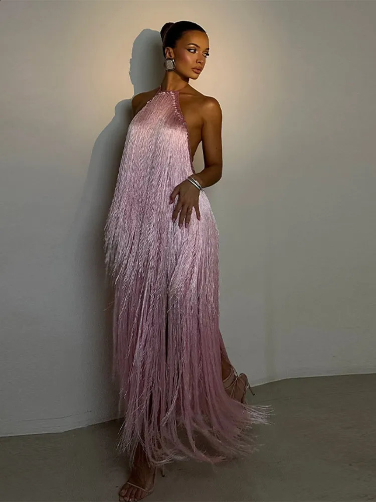 Party Womens Dress Halter Sleeveless Backless Tassel Solid Female Long Holiday Dresses 2026 Summer Fashion Elegant Lady Robe 260721