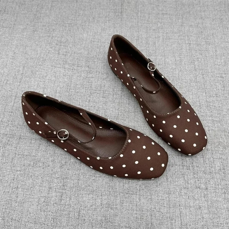 Square Toe Polka Dot Flats Shoes for Women Elegant Spring Autumn Ballet Flats Casual Streetwear Satin Buckle Strap Black Loafers 260721