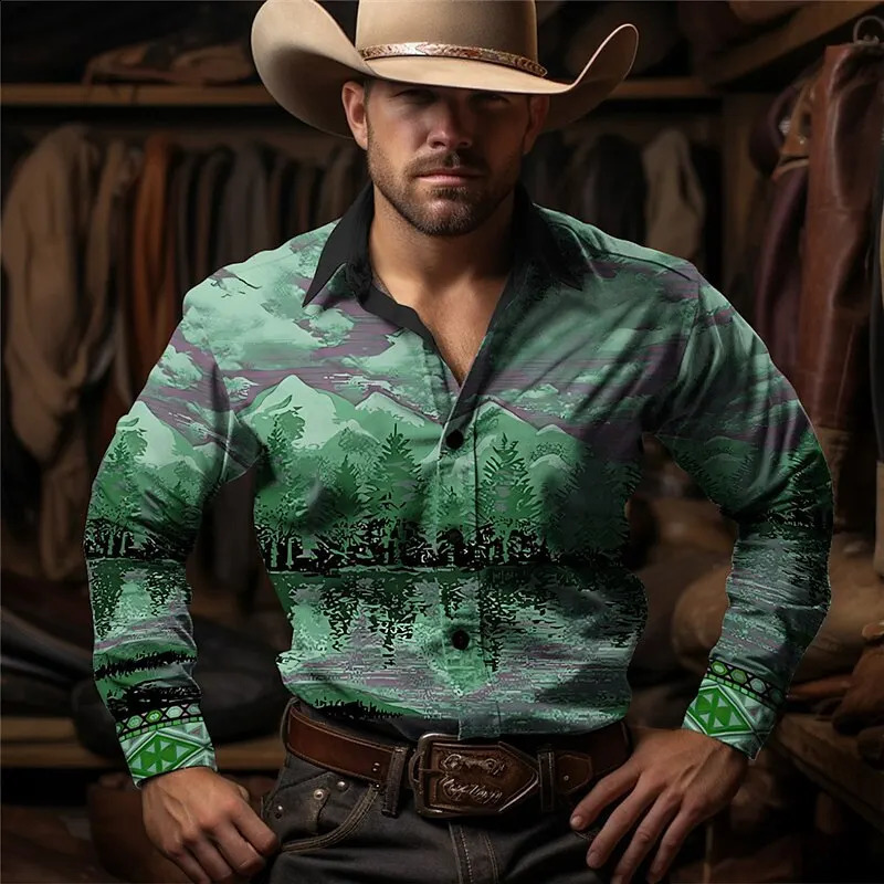 Cactus denim retro westernstyle mens Westernstyle shirt outdoor street casual daily autumn and winter lapel longsleeved shir 260713BANJIA
