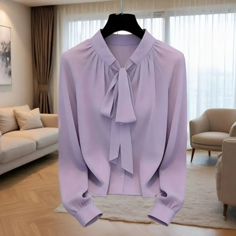 Temperament Bow Lacing Chiffon Button Shirts Spring Autumn Long Sleeve Simplicity Elegant Blouse Fashion Office Women Clothing 260713BANJIA