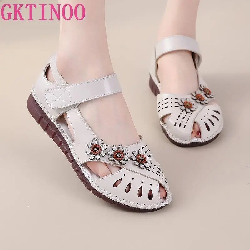 GKTINOO Summer Handmade Womens Shoes National Style Genuine Leather Hollow Womens Sandals soft Flat with Sandals 260721