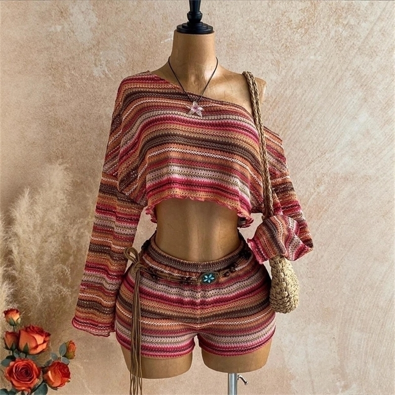 Womens Boho Striped Knit 2 Piece Set Off Shoulder Long Sleeve Crop Top Tie Waist Shorts Summer Beach Vacation Matching Outfit 260716CJBJ