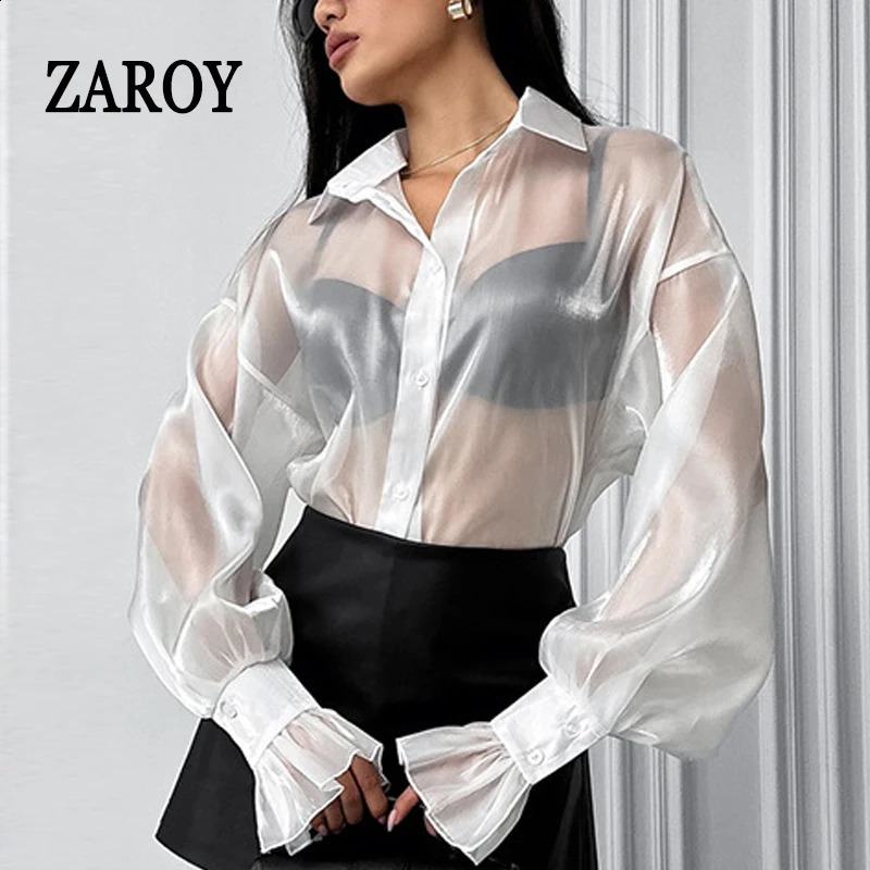 ZAROY Sexy Seethough Women Shirt Perspective Organza Lantern Sleeve Elegant Blouses Summer Loose Casual Sunscreen 260713BANJIA