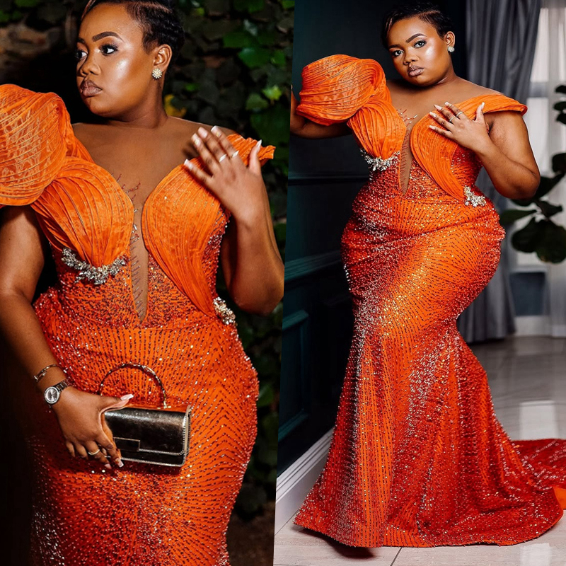 Plus Size Orange Mermaid Prom Dress 2027 Evening Dresses Pea