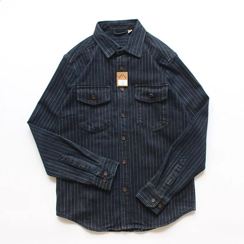Mens Striped Denim Shirt Loose Fit Long Sleeve Casual Jean Shirts with Pockets Vintage Wabash Workwear Style Regular Thickness 260713BANJIA