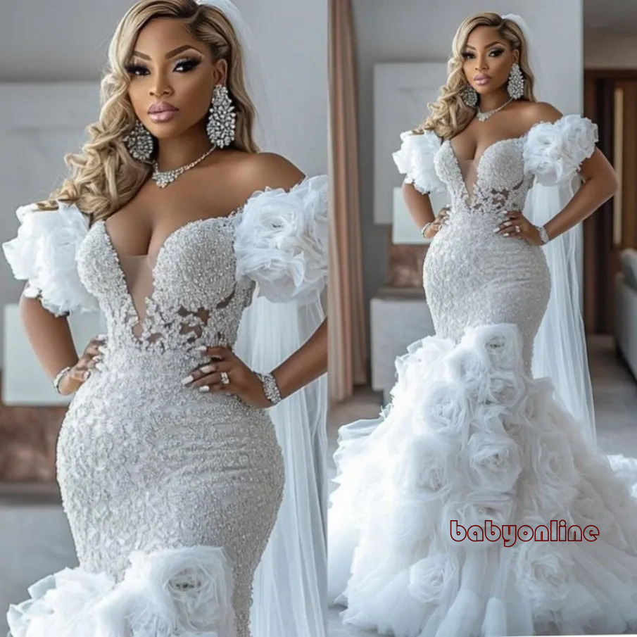 Arabic Aso Ebi Ivory Dress Mermaid Bridal For Bride Off Shoulder V Neck Sexy Flora Tiered Tulle Charming Wedding Gowns J12 722