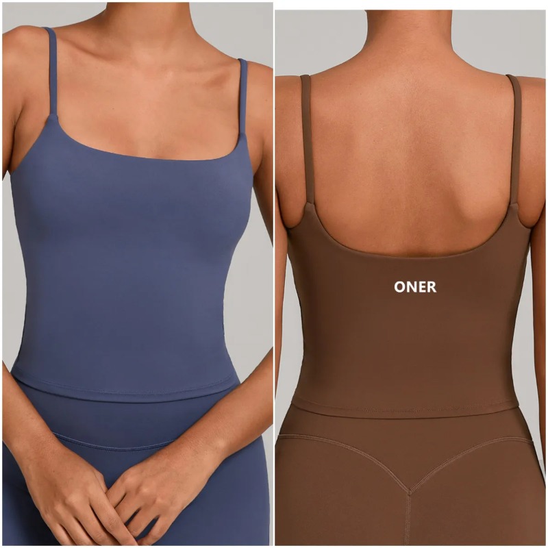 8912 ONER ACTIVE Women Tank Top Square Neck Thin Spaghetti Strap Longline Minimal Letter Back Print Yoga Workout Camisole
